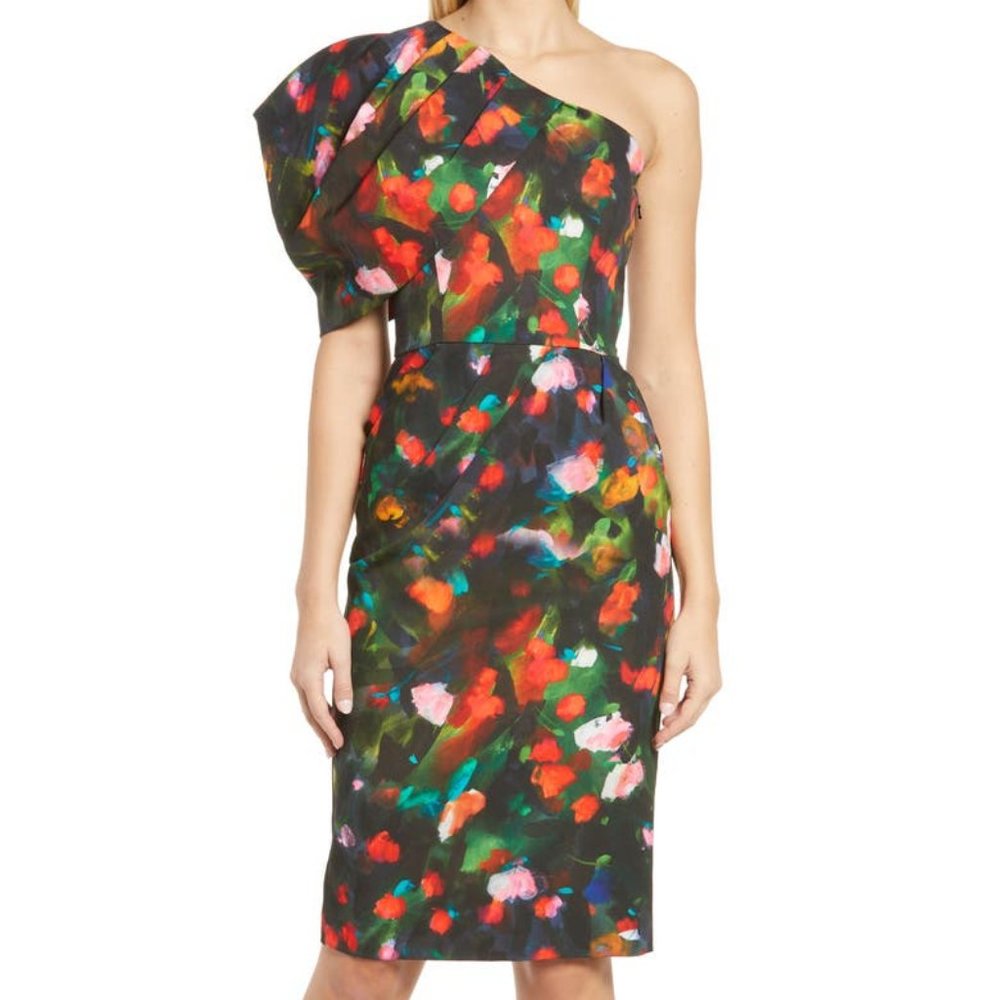 BLACK HALO Eve Egan Abstract Floral One Shoulder Sheath Cocktail Dress